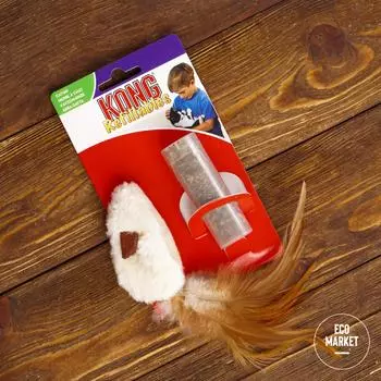 Игрушка для кошек Мышь полевка с перьями с тубом кошачьей мяты Kong ~ 15 см.