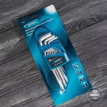 Набор ключей имбусовых HEX, 1,5–10 мм, S2, 9 шт., удлиненные с шаром, сатинированные, Gross