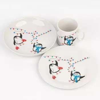 Набор посуды Пингвины 3 в 1: кружка, тарелка, глубокая тарелка