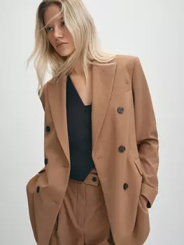 Бежевый длинный двубортный пиджак XS(42)