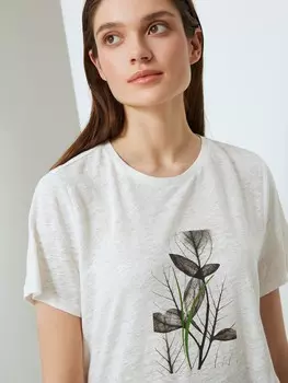 Футболка с принтом белая льняная S(44)