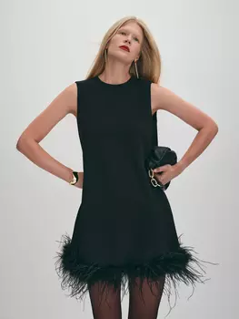 Платье из вискозы длины мини с перьями XS(42)