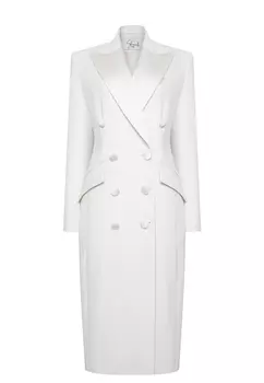 Платье-смокинг с атласными лацканами из итальянской шерсти в цвете экрю SHERVARLI OFFICIAL