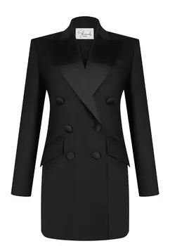 Платье - жакет из итальянской шерсти с атласными лацканами черное SHERVARLI OFFICIAL