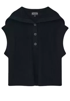 Жилет черного цвета объемной вязки в рубчик с отложным объемным воротником SL1P