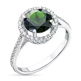 Кольцо из белого золота с хромдиопсидом и бриллиантом э0936кц01210406