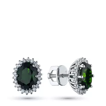 Пусеты из белого золота с бриллиантами и хромдиопсидами э0936пс04220417