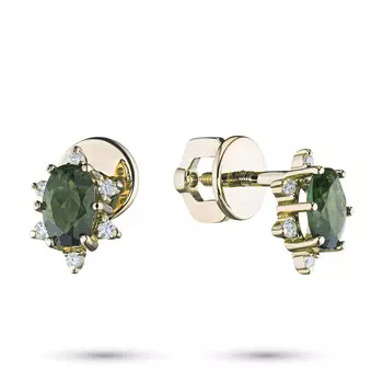 Пусеты из желтого золота с бриллиантом и хромдиопсидом э0301пс04200725