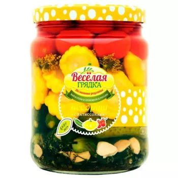 Ассорти веселая грядка 950 г маринованное овощное с патиссонами ст/б