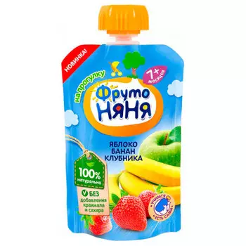 Десерт ФрутоНяня яблоко, банан, клубника с 7 месяцев 90г Doy-Pack
