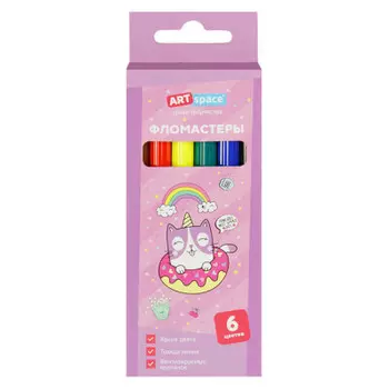 Фломастеры 6 цв артспейс кот-сластена смываемые картон европодвес 308037