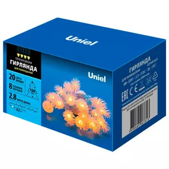 Гирлянда Uniel 2.8м шишки теплый белый свет 09582