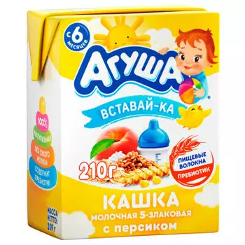Каша молочная агуша вставай-ка 200мл 2,5% персик 5 злаков тетра-бейс