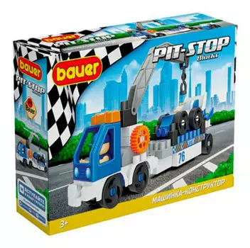 Конструктор Bauer эвакуатор с гоночной машиной Pit-Stop бело-голубой в/к 818