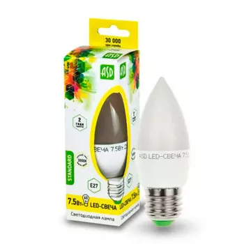 Лампа светодиодная асд 7.5 вт е14 свеча холодный свет