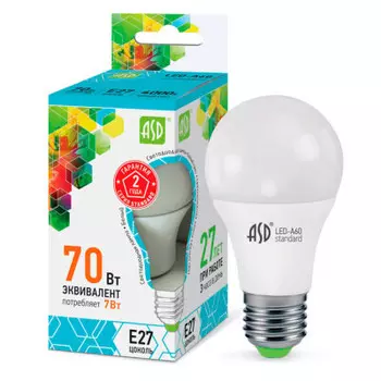 Лампа светодиодная асд 7 вт а60 е27 холодный