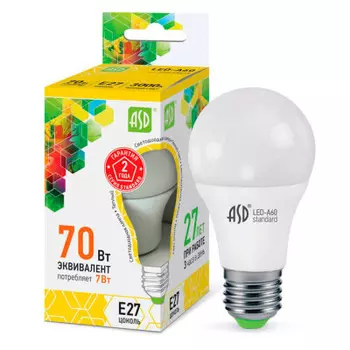 Лампа светодиодная асд 7 вт а60 е27 теплый