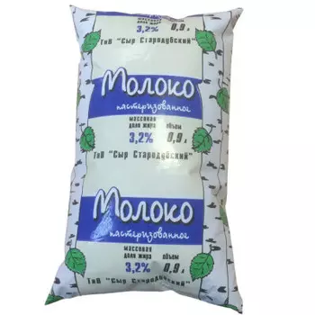 Молоко Березка 0,9л 3,2% фин-пак стародуб