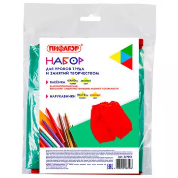 Набор для уроков труда Пифагор клеёнка пвх зеленая 69х40см+ нарукавники красные 227059