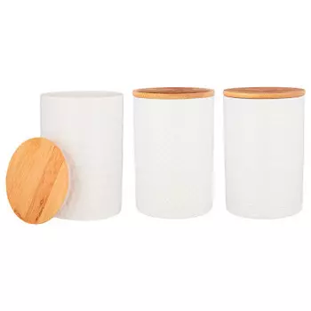 Набор из 3-х емкостей 650мл для сыпучих продуктов 10*10*15см с бамбуковой крышкой 490-430