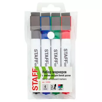 Набор маркеров стафф для белой доски на магните со стирателем 4 цв 3 мм 152006