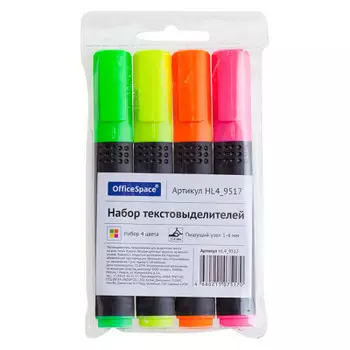 Набор текстовыделителей оффис спейс 4 цв 1-4 мм чехол с европодвесом 228786