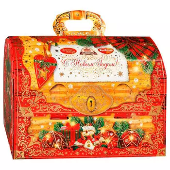 Новогодний подарок золотой ларец 1500 г обьединенные кондитеры
