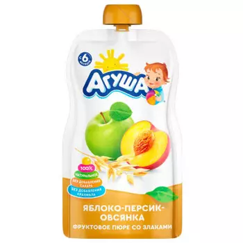 Пюре агуша 90 г яблоко персик овсянка с 6 месяцев дой-пак