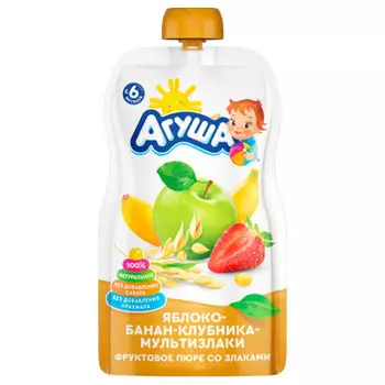 Пюре агуша 90 г яблоко банан клубника мультизлаки с 6 месяцев дой-пак