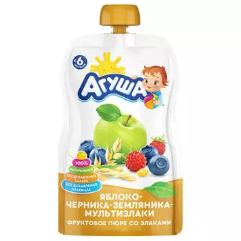 Пюре Агуша 90г яблоко черника земляника мультизлаки с 6 месяцев дой-пак