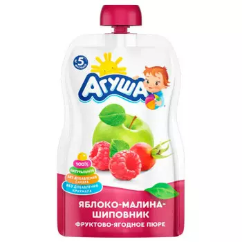 Пюре Агуша 90г яблоко малина шиповник с 5 месяцев дой-пак