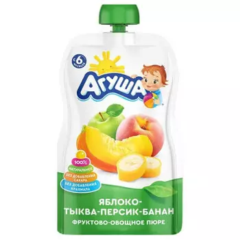 Пюре Агуша 90г яблоко тыква персик банан с 6 месяцев дой-пак
