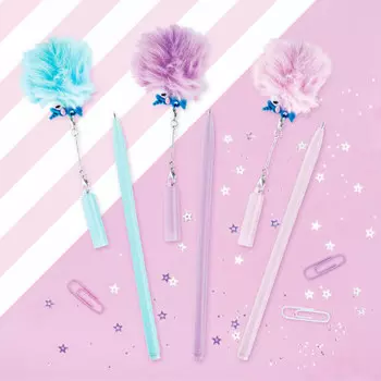 Ручка шариковая единорог синяя 0.7 мм с помпоном корпус ассорти