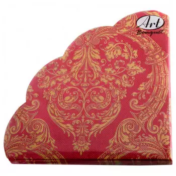 Салфетки Арт Букет 12шт 32см 3 слоя золотой орнамент на бордовом круглые