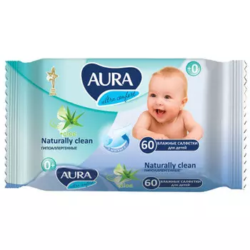 Салфетки влажные Aura 60шт ультра комфорт для детей