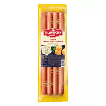 Сосиски баварские с сыром 420 г ц/ф газ/уп продукт мясной кат.в владимирский стандарт