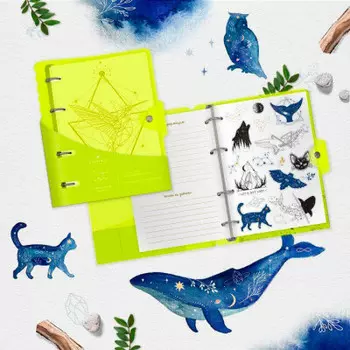 Тетрадь 120л клетка Lorex неон еллоу со сменным блоком на кольцах с наклейками а5