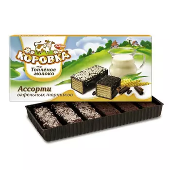Торт вафельный коровка 200г ассорти топленое молоко со светлым и темным кремом красный