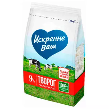 Творог искренне ваш 200 г 9% рассыпчатый пакет