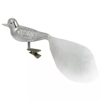 Украшение елочное птичка на прищепке с перьевым хвостом 5*3*15см серебряный sy08156