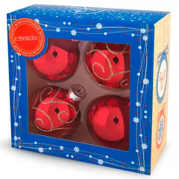 Украшение новогоднее магик тайм шар красный с золотом стекло 4 шт 6 x6x6см 81916