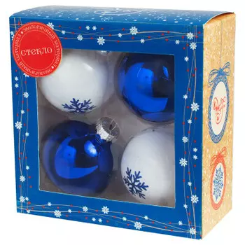 Украшение новогоднее магик тайм шар синий с белым стекло 4 шт 6 x6x6см 81922