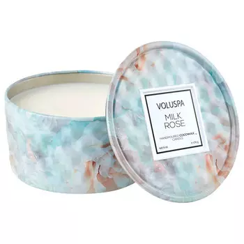 Аромасвеча с 2-мя фитилями Voluspa Молочная роза в металлическом подсвечнике с крышкой