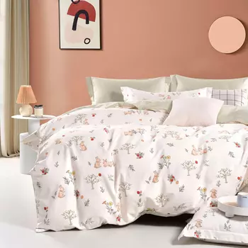 Комплект постельного белья 1,5-спальный Anabella Asabella зайки на ванильном, простыня фисташковая