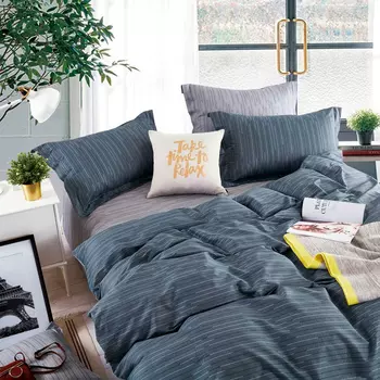 Комплект постельного белья 1,5-спальный Anabella Asabella штрихи на темно-синем, простыня серая