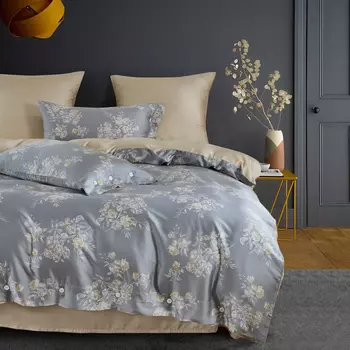 Комплект постельного белья евро Anabella Asabella цветы на жемчужно-сером, простыня бежевая