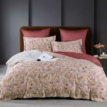 Комплект постельного белья евро Anabella Asabella, цветы на светло-коричневом