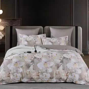 Комплект постельного белья евро Anabella Asabella, цветы на серо-бежевом, простыня серо-бежевая