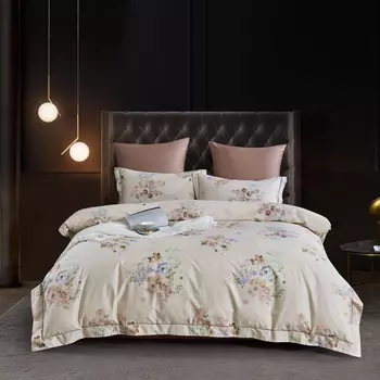 Комплект постельного белья евро Anabella Asabella цветы на светло-бежевом, простыня какао