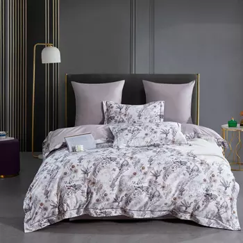 Комплект постельного белья евро Anabella Asabella узор на белом, простыня светло-серо-сиреневая